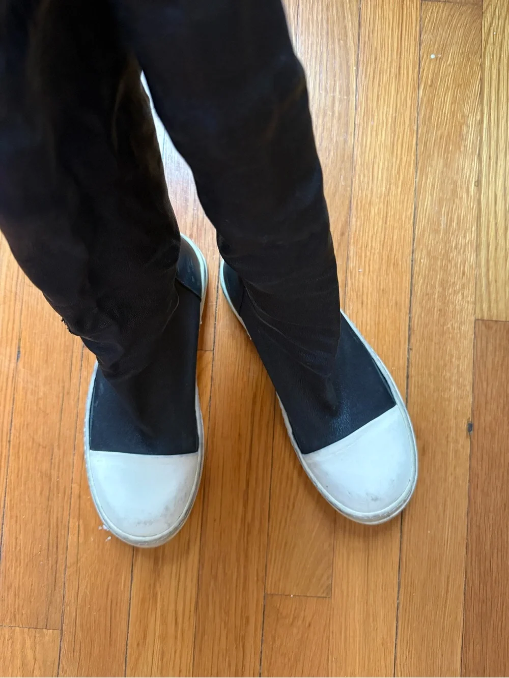 Rick Owens Black Over-the-Knee Leather Boots with White Toe Cap